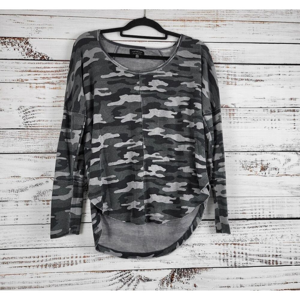 Lucky Brand Grey Camo Thermal Top M Womens Long Sleeve Pullover Hi Low